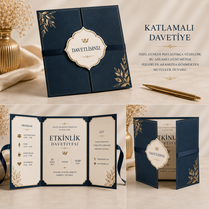 Katlamalı Davetiye Baskı Zarflı 3 Panelli Lüks Özel Tasarım Davetiye